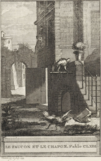 Le Faucon et le Chapon. Fable CLXIII, The falcon and the circumcised rooster, print, A falcon on a stick and a rooster on the ground in front of a house. A young man looks out from a window. Illustration of Fable CLXIII, Le Faucon et le Chapon., printmaker: Reinier Vinkeles (I), Amsterdam, 1773, paper, etching, height 215 mm x width 122 mm, Print probably used as an illustration in one or more editions of: La Fontaine, Jean de. Fables choisies. Amsterdam: J. van Gulik, 1802., predatory birds: falcon, attributes of Aesculapius: cock, A detailed black and white engraving shows an urban courtyard scene with stone buildings, arched passageways, and a set of exterior stairs with a metal railing. A perched bird stands on a small platform attached to a wall, and a rooster walks on the ground nearby. A potted plant sits on a ledge near a window with multiple panes, and another window is visible above. Architectural details include brickwork, an archway leading to a distant street, and a tower ...