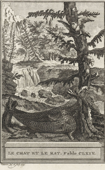 The Cat and the Rat. Fable CLXIV, The cat, the rat, the owl and the weasel, print, The owl and the weasel watch as the rat gnaws open the net in which the cat is trapped. Illustration of Fable CLXIV, The Cat and the Rat., printmaker: Reinier Vinkeles (I), Amsterdam, 1773, paper, etching, height 215 mm x width 120 mm, Print probably used as an illustration in one or more editions of: La Fontaine, Jean de. Fables choisies. Amsterdam: J. van Gulik, 1802., cat, owls, rodents: rat, beasts of prey, predatory animals: weasel, A detailed monochrome engraving shows a wooded landscape with a waterfall flowing into a rocky stream, trees with textured bark and spreading branches, and dense foliage in the background. A tall tree in the foreground has a hammock or net draped from its lower trunk, within which an animal with pointed ears and a visible face lies. On the tree trunk above the hammock another small animal clings near a broken branch, and a third small animal is positioned higher on the t...