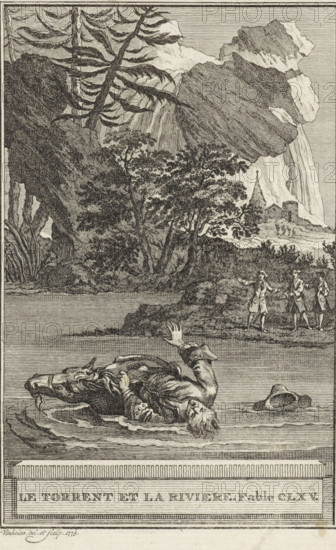 Still waters run deep, Le Torrent et la Riviere. Fable CLVV., print, A man and his horse are in danger of drowning in the depths and current of the seemingly still river. Illustration of Fable CLVV, Le Torrent et la Riviere., printmaker: Reinier Vinkeles (I), Amsterdam, 1773, paper, etching, height 215 mm x width 125 mm, Print probably used as an illustration in one or more editions of: La Fontaine, Jean de. Fables choisies. Amsterdam: J. van Gulik, 1802., horse, river, death by drowning (non-violent), A monochrome engraved scene showing a partially submerged man floating face up in a body of water with one arm raised and his hat floating nearby; the man wears a coat with visible cuffs and buttons and his hair is loose. Behind him a shoreline rises with tall trees and dense foliage, rocky outcrops, and a distant cluster of buildings including a pointed tower and round turrets. On the shore three figures stand, two facing the water and one holding a long object, all wearing long coats. ...