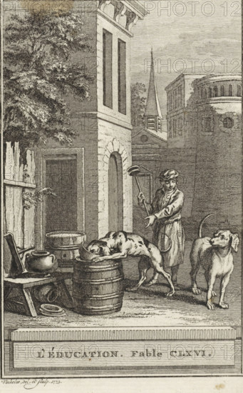 Education. Fable CLXVI., Education, print, Man and two dogs in a courtyard. The man seems to want to make something clear to one of the dogs by pointing his hand at the other dog. Illustration of Fable CLXVI, L'éducation., printmaker: Reinier Vinkeles (I), Amsterdam, 1773, Reinier Vinkeles (I), printmaker, paper, etching, height 215 mm x width 124 mm, Print probably used as an illustration in one or more editions of: La Fontaine, Jean de. Fables choisies. Amsterdam: J. van Gulik, 1802., dog, education, index finger forwards, pointing, indicating, A monochrome engraved scene shows a narrow street or courtyard flanked by tall buildings with arched and rectangular openings and a distant church steeple rising above rooftops; a leafy tree occupies the left edge beside a wooden fence and an open doorway. In the foreground a seated stool holds pottery and a low table, and a large barrel stands nearby with a dog leaning over it with its head inside a bowl; another dog stands alert to the right...
