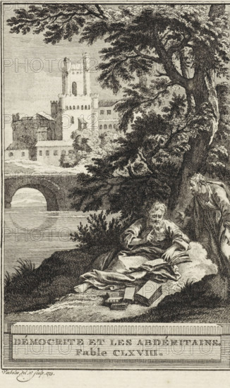 Democritus and the Abderitans, Démocrite et les Abdéritains. Fable CLXVIII, print, Illustration of Fable CLXVIII, Démocrite et les Abdéritains., printmaker: Reinier Vinkeles (I), Amsterdam, 1773, paper, etching, height 216 mm x width 122 mm, Print probably used as an illustration in one or more editions of: La Fontaine, Jean de. Fables choisies. Amsterdam: J. van Gulik, 1802., reading, forest, wood, book, (story of) Democritus, the philosopher, An intricate black and white engraving shows a riverside scene with a large leafy tree on the right, its trunk and branches dominating the foreground and extending across the upper area. Beneath the tree, a bearded man reclines on draped cloth, holding a book and gesturing with one hand while another figure leans toward him from the right, partially hidden by the tree. Several open and closed books lie on the ground near the reclining man. In the middle ground a stone arched bridge spans a calm river, and beyond it on the left a cluster of build...