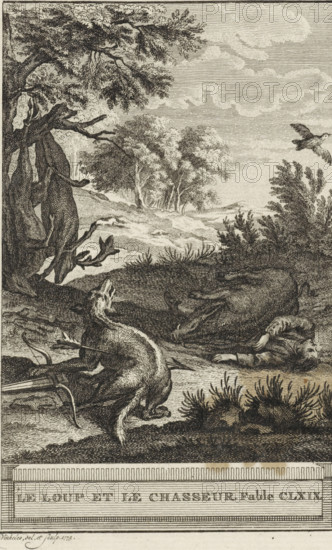 The Wolf and the Hunter. Fable CLXIX, The Hunter and the Wolf, print, At the edge of a forest lies a hunter under a dead wild boar. Next to him stands a wolf with a bow in its paws and an arrow between its ribs. Illustration of Fable CLXIX, The Wolf and the Hunter., printmaker: Reinier Vinkeles (I), Amsterdam, 1773, paper, etching, height 215 mm x width 126 mm, Print probably used as an illustration in one or more editions of: La Fontaine, Jean de. Fables choisies. Amsterdam: J. van Gulik, 1802., boar (male pig), archer's weapons: bow and arrow, hunter, beasts of prey, predatory animals: wolf, A detailed black and white engraving shows a wooded landscape with a large twisted tree on the left and a stand of leafy trees in the middle distance under a sky with subtle cloud lines. In the foreground a dog sits with its head raised and body turned, an arrow protruding from its side, near a broken bow lying on the ground. Beside the dog a man lies face up with an arm extended, his clothing re...