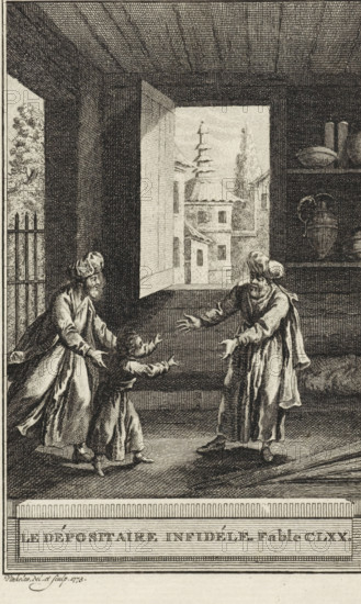 Le Déposiitaire infidéle. Fable CLXX, The unreliable treasurer, print, Illustration of Fabel CLXX, Le Déposiitaire infidéle., printmaker: Reinier Vinkeles (I), Amsterdam, 1773, paper, etching, height 215 mm x width 128 mm, Print probably used as an illustration in one or more editions of: La Fontaine, Jean de. Fables choices. Amsterdam: J. van Gulik, 1802., head-gear: turban, guarding of treasure, container of ceramics: jar, jug, pot, vase (metal), A black and white engraved interior scene shows three robed figures with turbans reaching toward each other in a room with a large open window revealing a view of tiled roofs and a tall ornamental tower outside; a shelf with pottery and a large jug is visible on the right, a barred doorway and foliage appear at left, and the floor and ceiling are depicted with detailed crosshatching and linear textures.