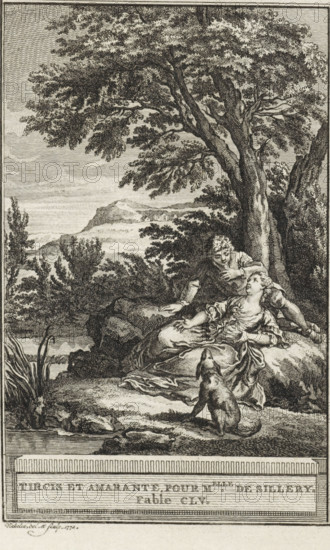 Tircis et Amarante, pour M . elle de Sillery. Fable CLV, Tircis en Amarante, print, In the shade of a tree at the edge of a brook sits a young couple. In front of them sits a dog. Illustration of Fable CLV, pour M . elle de Sillery., printmaker: Reinier Vinkeles (I), Amsterdam, 1772, paper, etching, height 214 mm x width 126 mm, Print probably used as an illustration in one or more editions of: La Fontaine, Jean de. Fables choisies. Amsterdam: J. van Gulik, 1802., dog, couple of lovers, trees, brook, A detailed black and white engraving shows a large tree with spreading branches and dense foliage dominating the upper right, its trunk textured with vertical lines. Beneath the tree a reclining woman in flowing drapery leans on a rock, her head tilted back and her arm extended, while a man behind her bends forward with one hand near his chest and the other resting on the rock. In front of them a dog sits on its haunches facing the pair. The foreground includes a grassy, rocky bank with cl...
