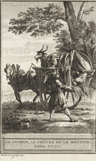 A goat, a sheep and a pig, Le Cochon, la Chèvre et le Mouton. Fable CLIV., print, a sheep and a pig are being transported in a wagon, which is drawn by a horse. Next to the wagon stands a man with a whip. Illustration of Fable CLIV, la Chèvre et le Mouton., printmaker: Reinier Vinkeles (I), Amsterdam, 1772, paper, etching, height 216 mm x width 123 mm, Print probably used as an illustration in one or more editions of: La Fontaine, Jean de. Fables choisies. Amsterdam: J. van Gulik, 1802., goat, sheep, pig, two-wheeled vehicle drawn by one animal, An engraving shows a man standing beside a wooden cart with large spoked wheels, one hand holding a rein and the other resting on the cart rim; the cart contains three animals visible with heads protruding: a goat with curved horns and a beard, a sheep with a woolly face, and a pig with its head turned outward and straw around its snout. A horse in harness is attached to the cart and stands to the side, its head facing forward. A tree with text...