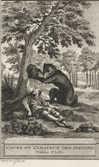 The Bear and the Gardener, L'Ours et L'Amateur des jardins. Fable CLII., print, A bear is about to drop a large stone on the head of a sleeping gardener. An insect, possibly a bee, flies above the gardener's head. Illustration of Fable CLII, L'Ours et L'Amateur des jardins., printmaker: Reinier Vinkeles (I), Amsterdam, 1772, Reinier Vinkeles (I), printmaker, paper, etching, height 215 mm x width 122 mm, Print probably used as an illustration in one or more editions of: La Fontaine, Jean de. Fables choisies. Amsterdam: J. van Gulik, 1802., gardening, beasts of prey, predatory animals: bear, sleeping on the ground - BB - out of doors, boulder, stone, A detailed black and white engraving shows a wooded landscape with a large, leafy tree dominating the left and upper center, its textured trunk and branches spreading across the scene and casting shade. Beneath the tree a man in simple clothing reclines on the ground, leaning back on one arm with a staff resting beside him; his head is tilte...
