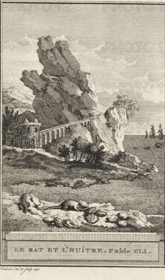 The Rat and the Oyster. Fable CLI., The Rat and the Oyster, print, At the waterline sits a rat with its head in an oyster. In the background two ships. Illustration of Fable CLI, The Rat and the Oyster., printmaker: Reinier Vinkeles (I), Amsterdam, 1773, paper, etching, height 215 mm x width 127 mm, Print probably used as an illustration in one or more editions of: La Fontaine, Jean de. Fables choisies. Amsterdam: J. van Gulik, 1802., sailing-ship, sailing-boat, rocky coast, sea, molluscs: oyster, A black and white engraved landscape showing a rocky coastal scene with a tall jagged cliff dominating the middle ground, a narrow arched bridge or aqueduct running along the cliff face toward a small round tower set among trees, a rocky shoreline with vegetation and clustered bushes below the cliff, a calm sea with a few sailing ships visible on the horizon to the right, and in the immediate foreground a small rodent near a cluster of shelllike objects on the sandy beach.