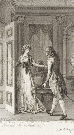 Woman holds the door open for a man, print, In a room, a woman holds the door open for a man. She hands the man a rolled-up letter., printmaker: Reinier Vinkeles (I), Amsterdam, 1800, paper, etching, engraving, etching and engraving, height 238 mm x width 156 mm, Illustration from: Richardson, Samuel. History of Karel Grandison. Amsterdam: Johannes Allart, 1797-1802., letter, envelope, open door, A black and white engraved scene shows an interior with two figures near an open door; a woman in a long flowing dress and a decorative stole stands with one hand on the door and the other extended toward a man, while the man, wearing a long coat and breeches, reaches toward her with one hand and gestures with the other. The room features ornate architectural details including fluted columns with decorative capitals, a draped curtain in a recessed wall, a chair with a rounded back, and a large urn on a pedestal. The floor has parallel lines indicating texture, and the door has rectangular pane...