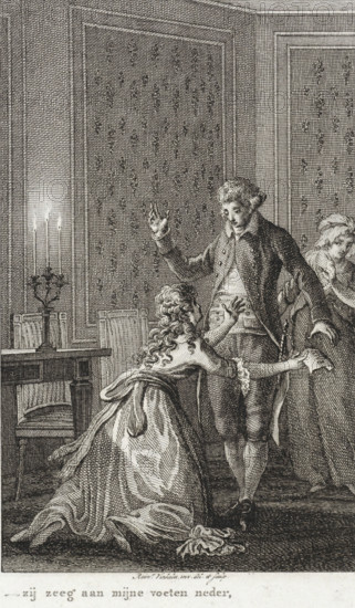 Woman with a letter kneels before a man, print, printmaker: Reinier Vinkeles (I), Amsterdam, 1802, paper, etching, engraving, etching and engraving, height 242 mm x width 160 mm, Illustration from: Richardson, Samuel. History of Clarissa Harlowe. Volume 5. Amsterdam: Johannes Allart, 1797-1805., kneeling figure, candle, letter, envelope, A detailed black and white engraving shows an interior scene with patterned wallpaper and wooden paneling. A candelabrum with lit candles stands on a table beside a chair. A woman in a long flowing dress with curled hair kneels and reaches upward, one hand touching a man's coat and the other pressed against his waist. The man stands wearing a buttoned coat, waistcoat, breeches, and stockings, with one hand raised and the other held slightly away from his side. Another woman partially visible stands behind the man, looking downward and wearing a gown with a head covering. The floor beneath them is shaded and textured, and folded fabric lies near the kne...