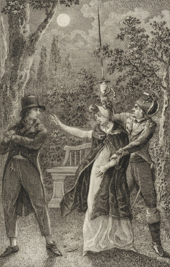 Woman being taken away from a man by a soldier, at night, print, printmaker: Reinier Vinkeles (I), Amsterdam, 1797 - 1811, paper, etching, engraving, etching and engraving, height 237 mm x width 157 mm, This print was also used as an illustration in: Magazijn van Geschiedenissen, romans en verhalen, 25 volumes. Rotterdam: Jan Meyer, 1790-1798 and Amsterdam: Johannes Allart, 1798-1811., forest, wood, soldiers and civilians, night, A monochrome engraved scene shows three people outdoors beneath trees and a visible round moon in a cloudy sky. A woman in the center wears a bonnet and a long dress with a cloak, one arm extended toward a man on the left while the other is held by a man on the right. The man on the right wears a uniform-like coat with epaulette details and a tall hat with decorative bands, and he raises a slender sword above the woman's head. The man on the left wears a top hat and a coat with his arms crossed, his body turned slightly away from the other two. Behind them is ...