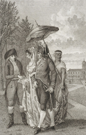 Jakob and Hidde have a conversation during a walk, print, During a walk, Jakob tells Hidde that he will return to his Fatherland. He shows him his father's letter. Hidde then takes two steps back. Illustration for the story Jakob ten Haaf., printmaker: Reinier Vinkeles (I), Amsterdam, 1804 - 1805, Reinier Vinkeles (I), printmaker, paper, etching, engraving, height 241 mm x width 160 mm, Proof print of illustration also used in: Loosjes, Adriaan Pietersz. Zedelijke Verhaalen. Haarlem: Adriaan Loosjes, 1804-1805. Second edition Haarlem: Adriaan Loosjes, 1815., garden, waving farewell, departure on a journey, conversation, dialogue, conversation piece, letter, envelope, A detailed black and white engraving shows a group of four people standing outdoors on a paved area with trees to the left and a large building with a tower in the distance to the right; a man on the left wears a tricorne hat and a coat and holds a folded paper while facing a woman beside him who wears a flowing dress with...