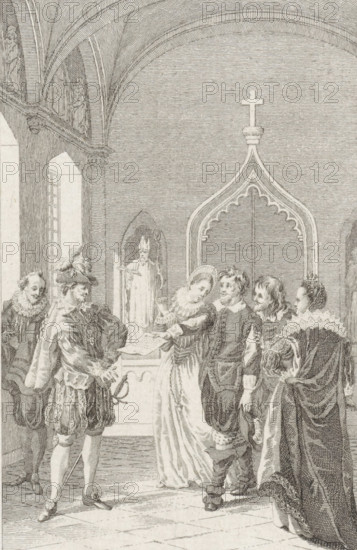 Jacob Simonsz de Rijk returns his letter of resignation to Cristóbal de Mondragón y Otalora, print, printmaker: Reinier Vinkeles (I), Amsterdam, 1774, paper, etching, proof print, height 204 mm x width 147 mm, Proof print of illustration for 'Jacob Simonszoon de Rijk' in: Winter-van Merken, LW van and NS van Winter. Tooneelpoëzy, Volume 1. Amsterdam: Pieter Meijer, 1774., Person, Jacob Simonsz de Rijk, Cristóbal de Mondragón y Otalora, Eighty Years' War, A monochrome engraved scene shows an interior with high vaulted arches and a decorative archway topped by a cross. In the foreground a group of figures in period clothing stand on a tiled floor; a woman in a long dress and ruffled collar leans forward, pointing at a document held by a man wearing a plumed hat and ornate doublet, while another man in similar attire stands beside them holding the document. Two other men and a woman in elaborate garments and ruffs stand nearby observing, and a robed figure with a staff is visible in a nic...