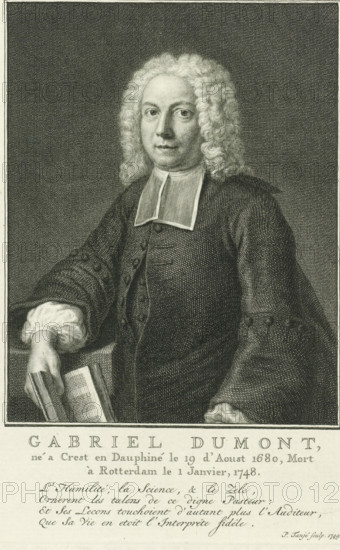 Portrait of Gabriel Dumont, print, minister of the Walloon Church in Rotterdam, with an open Bible in his hand. At the bottom in the margin a four-line verse in French., printmaker: Pieter Tanjé, Amsterdam, 1749, paper, engraving, etching, engraving and etching, height 173 mm x width 113 mm, Person, Gabriel Dumont, the Bible as a book, A monochrome engraved portrait of a man shown from the waist up, facing forward with his head slightly turned, wearing a dark robe with wide sleeves and a white square clerical collar; he has shoulder-length curly hair, a composed expression, and a hand resting on an open book positioned on a surface; the background is a finely hatched dark field and a narrow decorative border surrounds the image, with lines of printed text visible below the portrait.