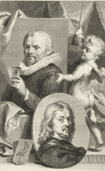 Portraits of Jan Antonisz. van Ravesteyn and Adriaen Hanneman, print, Portraits of the painters Jan Antonisz. van Ravesteyn and Adriaen Hanneman shown by a putto. Bottom left the coat of arms of The Hague, the city where the painters portrayed worked., after print by Pieter Tanjé, Amsterdam, after drawing by Aert Schouman, 1750 - 1800, Pieter Tanjé, printmaker, after print by, paper, etching, engraving, etching and engraving, height 155 mm x width 102 mm, Person, Adriaen Hanneman, Jan Antonisz van Ravesteyn, portrait, self-portrait of artist, cupids: 'amores', 'amoretti', 'putti', tools, implements of painter, A detailed black and white engraving shows a bearded man wearing a ruffled collar and dark clothing holding a drinking cup, a cherubic winged child to his side reaching toward him while grasping a rope, and a separate oval portrait of a younger man with wavy hair and a mustache placed in the foreground; draped fabrics and a small board with a bird sketch rest near the lower edge ...