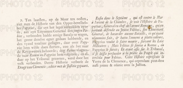 Explanatory text accompanying the print after Lairesse's painting Lucius Papirius vergeef Fabius Maximus, Scenes, in the council chamber of the Court of Justice of Holland, Zeeland, and West Friesland, text sheet, Explanatory text in Dutch and French accompanying the print by Pieter Tanjé after Gerard de Lairesse's painting 'Lucius Papirius vergeef Fabius Maximus', in the Council Chamber of the Court of Justice of Holland, Zeeland and West Friesland in the Binnenhof in The Hague., publisher: Nicolaas Verkolje, Amsterdam, grantor of privilege: States of Holland and West Friesland, 1737, paper, letterpress printing, text in letterpress, height 364 mm x width 531 mm, A horizontal off-white page with two columns of dark printed text in a serif typeface, the left column in a language using diacritics and the right column in a different Romance-language appearance, both columns showing even margins and justified alignment, the paper showing faint age spots and slight discoloration, a small r...