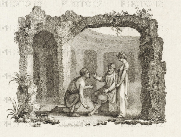 Three figures under the arch of a ruin, print, printmaker: Reinier Vinkeles (I), Amsterdam, 1751 - 1816, paper, etching, height 255 mm x width 159 mm, ruin of a building, architecture, kneeling figure, A detailed monochrome engraving shows a ruined stone archway with textured masonry and foliage growing on its surfaces, framing a shallow alcove with curved inner walls. Inside the alcove three human figures are depicted in classical dress: one figure is seated on a low stone, leaning slightly back with one hand raised and the other resting on the knee, another figure kneels on the ground facing the seated figure with an outstretched hand and a small bowl held near the seated figure, and a third figure stands beside the seated figure with a hand resting gently on the seated figure’s shoulder. The ground in front of the alcove is uneven with scattered small stones and patches of grass, and plants grow at the base of the ruined walls. The engraving uses fine lines and crosshatching to crea...
