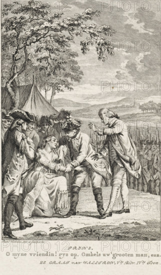 Crying woman in an army camp, print, inscription: 'Prins.', printmaker: Reinier Vinkeles (I), Amsterdam, 1781, paper, etching, engraving, etching and engraving, height 206 mm x width 148 mm, This print was also used as an illustration in: Spectatoriaale schouwburg, behelzende eene collectie der beste zedelyke tooneelstukken, byeen gebragt uit alle, taalen van Europa. Vol 10. Amsterdam: Pieter Meijer en Gerrit Warnars, p. 213., (military) camp with tents, weeping, A detailed black and white engraving shows a group of people gathered outdoors beneath large overhanging tree branches, with a tent and distant hills visible in the background and a sky filled with cloud formations. In the foreground a seated woman in a flowing dress looks up with an anguished expression while several men in period clothing surround her; one man kneels and holds her hand, another leans forward with an outstretched arm toward her, and others stand nearby wearing tricorn hats and coats. Behind them a formation o...
