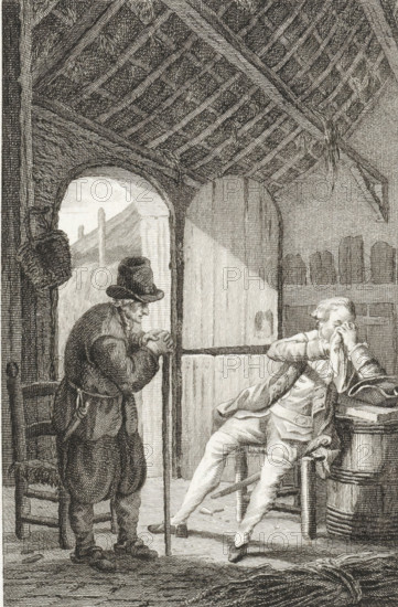Old man in conversation with a gentleman in a farmhouse, print, printmaker: Reinier Vinkeles (I), Amsterdam, 1782, paper, etching, engraving, etching and engraving, height 208 mm x width 147 mm, Proof print of a print that was also used as an illustration in: Spectatoriaale schouwburg, behelzende eene collectie der beste zedelyke tooneelstukken, byeen gebragt uit alle, taalen van Europa. Vol. 11. Amsterdam: Pieter Meijer en Gerrit Warnars, p. 77., conversation, dialogue, conversation piece, farm (building), handkerchief, An interior scene rendered in fine pen lines shows a beamed ceiling with bundles tied to the rafters and crosshatched textures; a partially open door reveals an arched doorway and an exterior view with a sloping hill. Inside, a standing older man in a long coat and tall hat leans on a cane and grasps his hands together while facing a seated younger man. The seated man reclines on a chair with one leg extended and rests his elbow on a barrel, holding a cloth to his face...