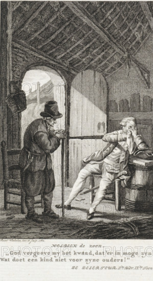 Old man in conversation with a gentleman in a farmhouse, print, inscription: 'Holbeen de zoon.', printmaker: Reinier Vinkeles (I), Amsterdam, 1782, paper, etching, engraving, etching and engraving, height 207 mm x width 147 mm, This print was also used as an illustration in: Spectatoriaale schouwburg, behelzende eene collectie der beste zedelyke tooneelstukken, byeen gebragt uit alle, taalen van Europa. Vol 11. Amsterdam: Pieter Meijer en Gerrit Warnars, p. 77., conversation, dialogue, conversation piece, farm (building), handkerchief, An interior scene rendered in fine black and white linework shows a thatched roof with visible beams and straw hanging down, an arched doorway opening to an exterior with a sloped hill, and a wooden door partly open. Inside, a standing older man wearing a brimmed hat, a long coat, and boots leans on a cane and clasps his hands, facing a seated younger man. The seated man reclines on a chair with one leg extended and rests one elbow on a barrel beside him...