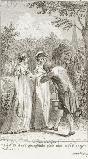 In a park a man kisses a woman's hand, Let me mark this blessed place with my eyes, print, printmaker: Reinier Vinkeles (I), Amsterdam, 1751 - 1816, Reinier Vinkeles (I), printmaker, paper, etching, engraving, etching and engraving, height 239 mm x width 158 mm, park, kissing the hand (lovers), A monochrome engraved scene shows three figures standing on a garden path surrounded by trees and foliage. Two women in long, high-waisted dresses stand side by side; one wears a bonnet and holds her hands together near her waist, the other has her hair up and extends an arm toward the man while holding a small cloth or purse in her other hand. A man in a coat and breeches bows toward the women, bending forward with one hand near the outstretched arm and the other holding a cane. Behind them are leafy trees, a tall slender spire or obelisk, and garden plants including a drooping willow-like tree and clustered flowers. The foreground shows textured ground and the lower edge of the engraving conta...