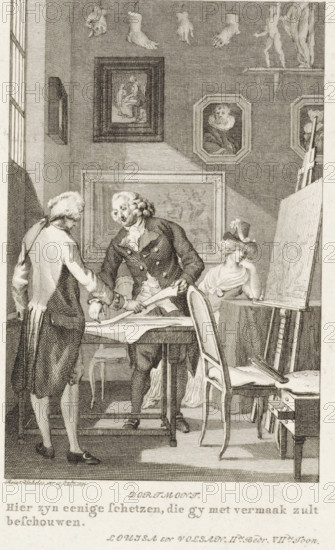 Man showing sketches to another man, print, In his studio, an artist shows sketches to an interested party. Paintings hang on the wall and models of body parts hang from the ceiling., printmaker: Reinier Vinkeles (I), Amsterdam, 1791, paper, etching, engraving, etching and engraving, height 213 mm x width 150 mm, This print may also have been used as an illustration in: Dejaure, Jean-Claude Bédéno. Louiza and Volsan: play in three acts. Amsterdam: heirs of Pieter Meijer and Gerrit Warnars, 1791., picture, painting, workshop, studio, painter, An interior scene rendered in fine line work shows three clothed figures gathered around a table; two men stand opposite each other, one facing the viewer with a powdered wig and buttoned coat while the other, seen from behind, wears a coat with a tied back hair ribbon and holds a rolled sheet on the table, and a seated woman with a hat and flowing dress leans on the table, resting her head on her hand. The room contains framed artworks on the wall...
