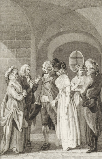 Two men and two women in conversation, print, printmaker: Reinier Vinkeles (I), Amsterdam, 1793, paper, etching, engraving, height 210 mm x width 147 mm, Proof print of a print that may also have been used as an illustration in: De Dorppredikant. Amsterdam: heirs of Pieter Meijer and Gerrit Warnars, 1793., conversation, dialogue, conversation piece, A detailed black and white engraving of six people standing under a vaulted stone ceiling, with arched brickwork and a small round window in the background; the group includes three women in long dresses and two men in period coats and breeches, one man holding a hat at his side and another with a hat tucked under his arm, while an older woman with a bonnet and shawl stands at the left; the figures face one another in conversation, showing varied hand gestures and turned heads, with fine crosshatching used to render clothing folds, facial features, hair styles, and the textured stone architecture.