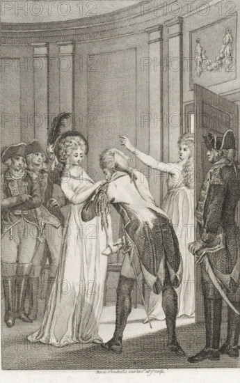 Man kisses a woman on her hand while she gives him a letter, print, printmaker: Reinier Vinkeles (I), Amsterdam, 1798, paper, etching, engraving, height 210 mm x width 146 mm, Proof print of a print that may also have been used as an illustration in: Kretschmar, F. De Belegering. Amsterdam: heirs of Pieter Meijer and Gerrit Warnars, 1798., letter, envelope, kissing the hand (lovers), index finger forwards, pointing, indicating, A monochrome engraving shows an interior with tall paneled walls and decorative moulding. In the foreground a young woman in a flowing gown and a plumed hat stands facing a bowed man who is touching the front of her dress while holding a rolled object; the man wears a coat with long tails, breeches, and stockings and leans on a slender cane. To the right a second young woman in a light dress stands in a doorway with one arm raised and an expressive face. Several uniformed men wearing tricorn hats and military coats stand nearby, two grouped on the left with fold...