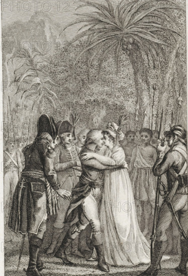 Surrounded by soldiers and Africans, a man and woman embrace each other, print, printmaker: Reinier Vinkeles (I), Amsterdam, 1751 - 1816, paper, etching, engraving, height 215 mm x width 155 mm, Proof print of a print that may also have been used as an illustration in: Brandes, JC De Schipbreuk., the soldier, the soldier's life, embracing each other, kissing, trees: palm-tree, Africans, persons of African origin, A detailed black and white engraving shows a group of people in a tropical outdoor setting with large palm-like trees and dense foliage in the background. In the foreground a woman in a long flowing dress and a headscarf embraces a man in a military-style uniform who holds her around the waist. Several other uniformed men with bicorn hats and long coats stand nearby, one facing the viewer with his hands clasped and another holding a long rifle or musket upright. To the far right a soldier with a tall hat and a strap across his chest stands in profile holding his weapon. Behind...