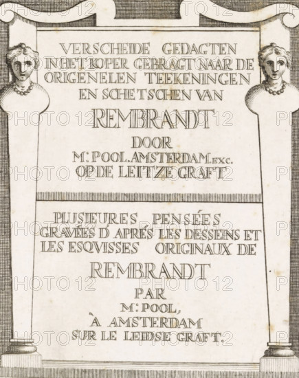 Title print for a series of prints after drawings by Rembrandt, Verscheide gedachten in het koper gebragt naar de origenelen teekeningen en Schetschen van Rembrandt, print, title print, Ornamental frame with caryatids on either side, bearing the title in Dutch and in French., printmaker: Matthijs Pool, Amsterdam, 1696 - 1727, paper, engraving, etching, gravure en ets, height 120 mm x width 98 mm, caryatids, architecture, A rectangular etched stone or paper panel with decorative vertical columns on each side topped by stylized busts of two women wearing necklaces, a curved ornamental header across the top, a horizontal band of fine vertical lines near the top, and another horizontal band of vertical lines lower down; the surface shows hand-engraved linear shading, small age spots, and an overall monochrome ink-on-paper appearance.