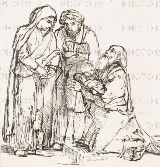 Presentation in the temple, Various thoughts engraved in copper after the original drawings and sketches by Rembrandt, print, Mary and Joseph have brought Christ to the temple. The high priest Simeon kneels with the Child in his arms., printmaker: Matthijs Pool, Amsterdam, after drawing by Rembrandt van Rijn, 1696 - 1727, paper, engraving, etching, engraving and etching, height 115 mm x width 108 mm, presentation of the Christ-child in the temple, usually Simeon (and Anna) present (Luke 2:22-39), A monochrome ink drawing shows three robed figures gathered closely, one standing on the left wearing a hooded garment and looking down with hands clasped, a central bearded figure with a head covering looking forward while holding a wrapped bundle, and a kneeling bearded man on the right holding an infant swaddled in cloth; the lines are sketchlike with crosshatching and varied strokes, and the background is blank.