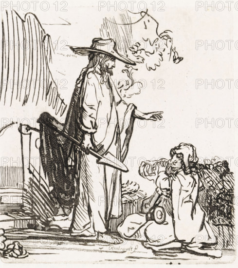 Christ appears to Mary Magdalene (Noli me tangere), Various thoughts engraved in copper after the original drawings and sketches by Rembrandt, print, Mary Magdalene kneels before Christ in a garden. He holds a spade in his hand and makes a blessing gesture., printmaker: Matthijs Pool, Amsterdam, after drawing by Rembrandt van Rijn, 1696 - 1727, paper, etching, engraving, height 121 mm x width 111 mm, Mary Magdalene kneeling before Christ, who is usually represented as a gardener with a hoe and, or a spade, 'Noli me tangere', A black ink line drawing shows a standing figure wearing a wide-brimmed hat and long robe, holding a shovel with one hand and extending the other hand outward; the figure has long hair and a beard and wears a cloak draped over the shoulders. Kneeling beside the standing figure is another person with a head covering and layered clothing, hands raised toward the face and a small round object at the waist. Background elements include stylized plants and foliage, a ver...