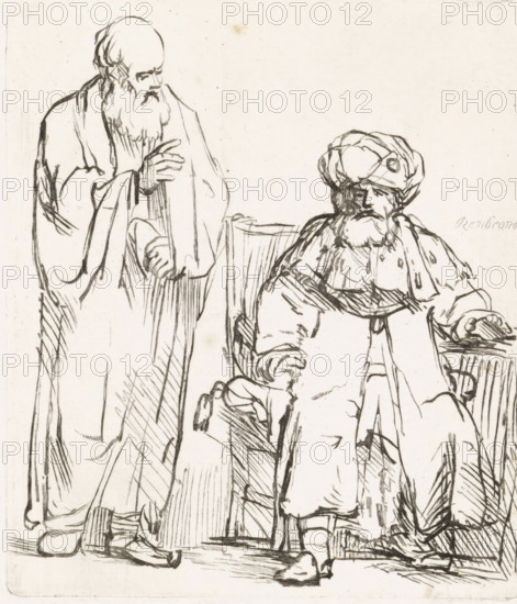 Nathan points out David's sins, Various thoughts engraved in copper after the original drawings and sketches by Rembrandt, print, The prophet Nathan stands beside David and addresses him. He points out to the king the sins he committed by killing Uriah and fathering a child with Bathsheba., printmaker: Matthijs Pool, Amsterdam, after drawing by Rembrandt van Rijn, 1696 - 1727, Matthijs Pool, Rembrandt van Rijn, printmaker, after drawing by, paper, etching, engraving, etching and engraving, height 109 mm x width 94 mm, David rebuked by Nathan, A pen-and-ink drawing of two robed men, one standing on the left with a long beard and flowing cloak and one seated on the right wearing a turban and voluminous garments; the standing figure has one hand raised near his chest and the other extended downward, while the seated figure rests an arm on a surface and has a large beard under the turban; both figures are rendered with loose, expressive lines and crosshatching, and the background is mostly...