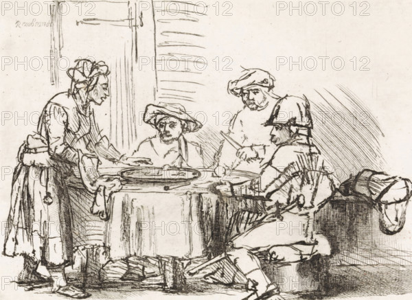 Saul at the Witch of Endor, Various thoughts engraved in copper after the original drawings and sketches by Rembrandt, print, Series number, 12, King Saul and his servants are sitting around a table. At Saul's request, the Witch of Endor summons the spirit of the prophet Samuel, his former advisor. The prophet predicts that Saul will lose the war and that his sons will perish because he had turned away from God., number: '378, 3.', printmaker: Matthijs Pool, Amsterdam, after drawing by Rembrandt van Rijn, 1696 - 1727, Matthijs Pool, Rembrandt van Rijn, printmaker, after drawing by, paper, etching, engraving, etching and engraving, height 114 mm x width 152 mm, Saul disguised as a soldier goes to the witch of Endor, A monochrome line drawing shows a domestic scene with a round table covered by a cloth and a shallow dish on top, surrounded by four figures wearing period clothing and headwear; one standing woman leans forward with an arm extended toward the table while another seated figu...