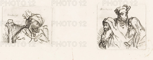Representations of men with beards, Various thoughts engraved in copper after the original drawings and sketches by Rembrandt, print, Uncut sheet with two representations of men. Left: Bust of a man on a chair. Right: A group of three men with beards., printmaker: Matthijs Pool, Amsterdam, after drawing by Rembrandt van Rijn, 1696 - 1727, paper, etching, engraving, etching and engraving, uncut sheet, height 43 mm x width 58 mm x height 53 mm x width 57 mm, beard, A pale sheet with two separate rectangular ink sketches, one on the left showing a seated bearded man in a turban leaning to one side with a high-backed chair behind him, and one on the right depicting three bearded men grouped closely together wearing head coverings, all drawn with loose dark lines on a light background.