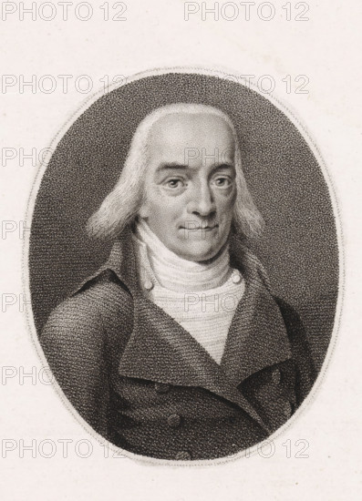 Portrait of writer Pieter Johannes Uylenbroek, print, printmaker: Ludwig Gottlieb Portman, unknown, after design by Derk Anthony van de Wart, 1787 - 1828, paper, stippelets, etching, stippelets and etching, proof print, height 247 mm x width 155 mm, Person, Pieter Johannes Uylenbroek, A black and white engraved portrait of a man shown from the chest up inside an oval frame, with shoulder-length hair that is light in tone and combed back, a high forehead, and a composed facial expression; he wears a high-collared shirt with layered cravat and a dark, textured coat with wide lapels, and the background within the oval is filled with fine stippling while the outer area is plain.
