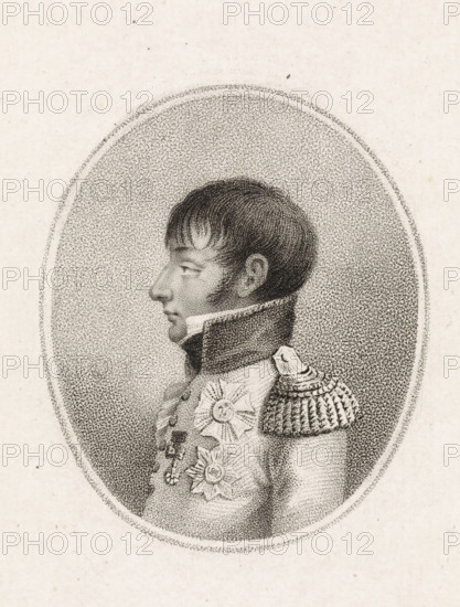 Portrait of Louis Napoleon Bonaparte, King of Holland, print, printmaker: Ludwig Gottlieb Portman, Amsterdam, after drawing by Otto Baron Howen, 1809, paper, stippelets, proof print, height 174 mm x width 119 mm, Person, Louis Napoleon (King of Holland), knighthood order, political history, Holland, Period, 1806 - 1810, A monochrome stippled portrait shows a left-facing male figure from the chest up inside an oval frame, with short dark hair and sideburns, a high stiff collar, a decorated military coat featuring ornate shoulder epaulet and multiple floral-shaped medals on the chest, and a textured oval background surrounded by a thin double border.