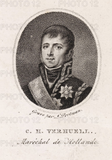 Portrait of Carel Hendrik Ver Huell, Marshal of Holland, print, printmaker: Ludwig Gottlieb Portman, Amsterdam, 1806 - 1828, paper, stippelets, etching, stippelets and etching, height 107 mm x width 81 mm, Person, Carel Hendrik Ver Huell, An oval engraving of a man shown from the chest up, with short hair and a high collar, wearing a uniform with a sash and a decorative star-shaped medal surrounded by laurel leaves, set against a densely stippled oval background and framed by a dotted border, with printed lines of text below the portrait.