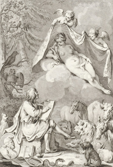 Allegory with the writer Jean de La Fontaine and his muse, print, In a forest, a writer, possibly Jean de La Fontaine, is inspired by a female personification of Truth, who is revealed by two putti. Various animals have gathered around him. In the foreground, a lyre and a profile portrait of the Greek fabulist Aesop., printmaker: Reinier Vinkeles (I), Amsterdam, after drawing by Jacobus Buys, 1786, paper, etching, engraving, height 235 mm x width 152 mm, Proof print of illustration for: La Fontaine, Jean de. Fables. Amsterdam: Johannes Allart and Gerrit Warnars, Harlingen: Van der Plaats, 1803., Person, Aesopus, Truth, 'Verità' (Ripa), snakes, author, poet writing, A reclining nude woman rests on clouds beneath a draped cloth held aloft by two winged cherubs, one at each side, while a third cherub leans over the cloth from above; below them a seated figure with long hair and flowing robes writes on a slanted tablet, surrounded by various animals including a horse, a cow, a lion, a goat...