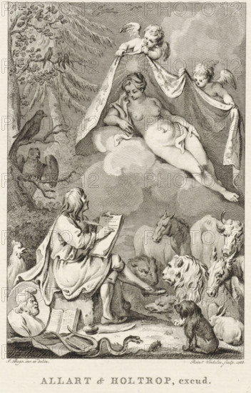 Allegory with the writer Jean de La Fontaine and his muse, print, In a forest, a writer, possibly Jean de La Fontaine, is inspired by a female personification of Truth, who is revealed by two putti. Various animals have gathered around him. In the foreground, a lyre and a profile portrait of the Greek fabulist Aesop., printmaker: Reinier Vinkeles (I), Amsterdam, after drawing by Jacobus Buys, publisher: Allart en Holtrop, 1786, paper, etching, engraving, height 237 mm x width 151 mm, Proof print of illustration for: La Fontaine, Jean de. Fables. Amsterdam: Johannes Allart and Gerrit Warnars, Harlingen: Van der Plaats, 1803., Person, Aesopus, Truth, 'Verità' (Ripa), snakes, author, poet writing, A reclining nude woman rests on a cloud while two winged cherubs hold a draped cloth above her, a leafy tree with perched birds appears at the upper left, and a seated man with long hair and draped clothing writes in a book on a raised stool below. Surrounding the seated man are various animals ...