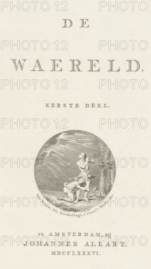 Title page for: 'De Waereld', 1786, print, title page, Title page with Adam and Eve being expelled from paradise., printmaker: Reinier Vinkeles (I), Amsterdam, after drawing by Jacobus Buys, publisher: Johannes Allart, paper, etching, engraving, etching and engraving, height 237 mm x width 152 mm, Title page for: Allart, 1786., an angel chases Adam and Eve out of paradise with a (flaming) sword, A vertically oriented page with large decorative letters near the top, a smaller line of spaced letters below, and a circular engraved image in the center showing two partially clothed figures beneath streaks across the sky beside a tree, the lower figure kneeling and leaning forward while the other stands with arms crossed over the chest, a curved line of small text beneath the circle, and additional lines of large spaced letters and small text toward the bottom of the page.
