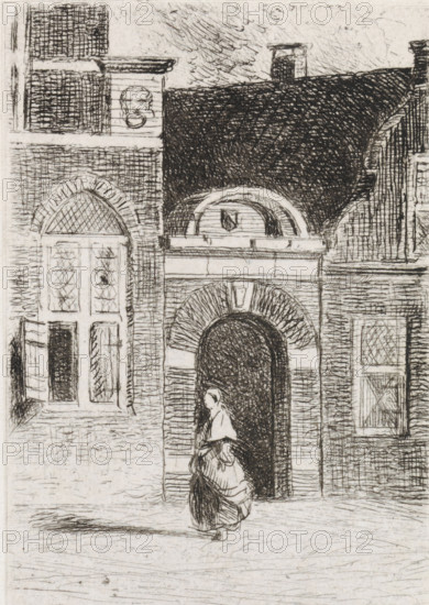 Brick gate in a street, print, View of a brick gate between houses. A folded figure is walking in the street. bottom right N.1., printmaker: Gijsbertus Johannes Verspuy, Netherlands, 1833 - 1862, paper, chine collé, etching, etching on chine collé, height 57 mm x width 50 mm, gate, entrance, A detailed pen-and-ink scene of a brick building facade with arched doorways and windows, showing textured crosshatching for shadow and roof shading, an ornate stone lintel above a rounded arch, diamond-paned window panes, and a cloaked figure standing near the central arched entrance, wearing layered clothing and a head covering, with a suggestion of a shadow on the ground and fine linework defining bricks and architectural details.