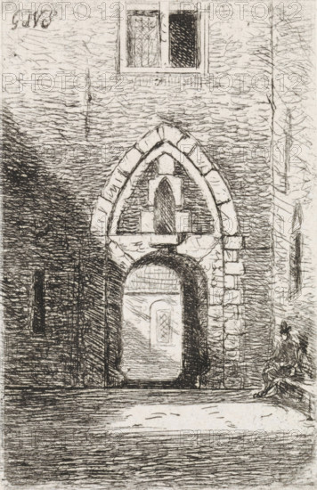 View of a gate, print, View of a gate. On the left a seated figure on a bench., printmaker: Gijsbertus Johannes Verspuy, Netherlands, 1833 - 1862, paper, chine collé, etching, etching on chine collé, proof print, height 77 mm x width 50 mm, gate, entrance, A monochrome etching of a stone building facade with a pointed arched doorway set into a larger rounded arch, detailed masonry blocks around the arch, and a recessed inner doorway visible through the arch. Above the arch is a small pointed tracery element and a rectangular window with two panes, one darker than the other. The wall surface is rendered with dense horizontal and scribbled hatch marks. To the right of the doorway a seated figure wearing a hat is sketched near the edge of the composition. The ground in front shows textured horizontal lines indicating a paved or worn surface.