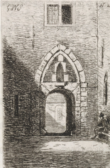 View of a gate, print, View of a gate. On the left, a seated figure on a bench. Top right N.2., printmaker: Gijsbertus Johannes Verspuy, Netherlands, 1833 - 1862, paper, chine collé, etching, etching on chine collé, height 77 mm x width 50 mm, gate, entrance, A detailed black and white etching of a stone building facade showing a pointed arched doorway formed of carved blocks, with a smaller rounded arch set beneath and a recessed panel inside the entrance that contains a small window with a diamond lattice pattern. Above the pointed arch is a narrow rectangular window divided into two panes, one of which is heavily shaded. The surrounding wall surface is textured with horizontal and swirling hatch marks suggesting rough masonry. To the right of the doorway a partial figure sits on a low step, wearing a long cloak and a hat with a brim, facing slightly inward. The foreground shows a flat, lightly hatched ground plane.