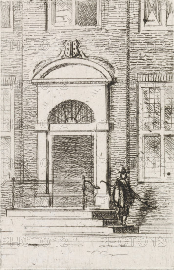 Man on a staircase at the door of a house, print, printmaker: Gijsbertus Johannes Verspuy, Netherlands, 1833 - 1862, paper, chine collé, etching, etching on chine collé, proof, height 78 mm x width 50 mm, front steps, monumental door, porch, 'aediculum', A detailed pen-and-ink drawing shows a portion of a brick building facade with a grand entrance featuring a rounded pediment topped by a decorative crest and flanked by pilasters, an arched fanlight above a recessed doorway, a small raised stoop with railings, and adjacent tall windows with multiple panes; a figure wearing a coat and tricorne-style hat stands on the steps near the entrance casting a shadow, and fine hatching and crosshatching lines render the textures of brick, stone, and shadow throughout the scene.