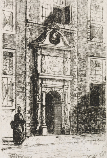 Lazaruspoort in Gouda, print, printmaker: Gijsbertus Johannes Verspuy, Netherlands, 1833 - 1862, paper, chine collé, etching, etching on chine collé, height 77 mm x width 50 mm, gate, entrance, Gouda, Lazarus Gate, A detailed black and white etching of a building facade showing a tall ornate doorway with carved columns and a rounded arch, a decorative pediment above the entrance containing a circular medallion, rectangular windows with crosshatched panes and shutters, textured brickwork, and a cobbled street in front; a standing figure in period clothing is positioned near the left edge facing the doorway.