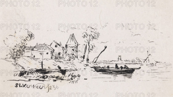 Figures in a sloop near houses on a river, print, printmaker: Salomon Leonardus Verveer, The Hague, 1856, paper, chine collé, etching, etching on chine collé, height 76 mm x width 112 mm, rowing-boat, canoe, village, river (landscape with figures, staffage), A simple ink sketch on light paper shows a riverside scene with a cluster of small buildings and a tower on a gently sloping bank, flanked by a few leafy trees with loose, rounded foliage. In the foreground a long, low boat with several seated figures is drawn on calm water, with reflected lines beneath it. Additional small boats and shoreline details appear near the bank, and sparse short strokes and dots indicate distant water and sky. The drawing uses thin, varied ink lines and some darker shaded areas to suggest shadow and texture.