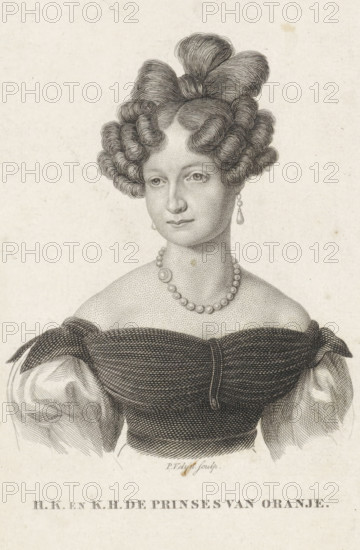 Portrait of Anna Paulowna Romanowa, print, Portrait of Anna Paulowna Romanowa. Her title in the lower margin., printmaker: Philippus Velijn, Netherlands, 1816 - 1836, paper, etching, engraving, etching and engraving, height 114 mm x width 75 mm, Person, Anna Paulowna Romanowa, A detailed black and white engraved portrait of a woman shown from the chest upward, with a high stylized hairstyle composed of tightly curled sections gathered into a top knot, an oval face with soft features and a composed expression, and earrings with a drop shape. She wears a beaded necklace and an off-the-shoulder dress with a dark, textured bodice and puffed sleeves with visible fabric folds. The image has a plain, lightly textured background.