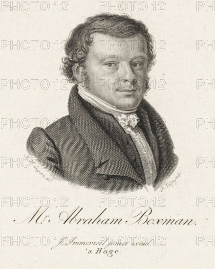 Portrait of Abraham Boxman, print, alderman and mayor of Gorinchem., printmaker: Philippus Velijn, after drawing by Hendrik Willem Caspari, publisher: Johannes Immerzeel, The Hague, 1826 - 1832, paper, etching, engraving, etching and engraving, height 125 mm x width 97 mm, Print according to Frederik Muller used in: Nederlandsche Muzen-Almanak. Rotterdam: J. Immerzeel, sa, Person, Abraham Boxman, A detailed black and white engraved portrait of a man shown from the chest up, facing slightly to the viewer's right, with short wavy hair and curled sideburns, wearing a high-collared coat and a cravat with a textured flower-like knot, rendered with fine crosshatching and stippling on a pale textured paper background.
