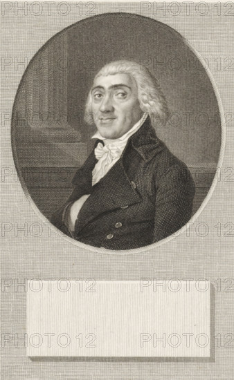 Portrait of Josephus Augustinus Brentano, print, art collector in Amsterdam., printmaker: Philippus Velijn, Netherlands, after painting by P. de Rosse, 1797 - 1836, paper, etching, engraving, height 245 mm x width 157 mm, Person, Josephus Augustinus Brentano, A monochrome engraved portrait of a man shown from the chest up inside an oval frame, with short wavy hair brushed back and side curls, a high-collared shirt with a tied cravat, and a dark double-breasted coat with visible buttons; the man faces slightly toward the viewer with a neutral expression, and the oval is set against a textured lined background with a blank rectangular panel beneath it.