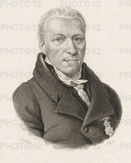 Portrait of Maurits Cornelis van Hall, print, Portrait of the Amsterdam lawyer and notary Maurits Cornelis van Hall, with Order of Knighthood., FMP 2146-d, printmaker: Philippus Velijn, Netherlands, after drawing by Hendrik Willem Caspari, 1827, paper, etching, engraving, height 129 mm x width 105 mm, Person, Maurits Cornelis van Hall, A monochrome engraved portrait of an older man shown from the chest up, with short swept-back hair and sideburns, wearing a high-collared coat and a cravat tied around his neck; his face is detailed with fine lines showing skin texture and a neutral expression, and a decorative medal pinned to his coat is visible near the lower edge of the image.